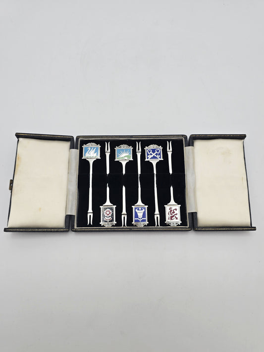Antique Silver Plated Enamel Pub Sign Cocktail Stick Set circa 1925