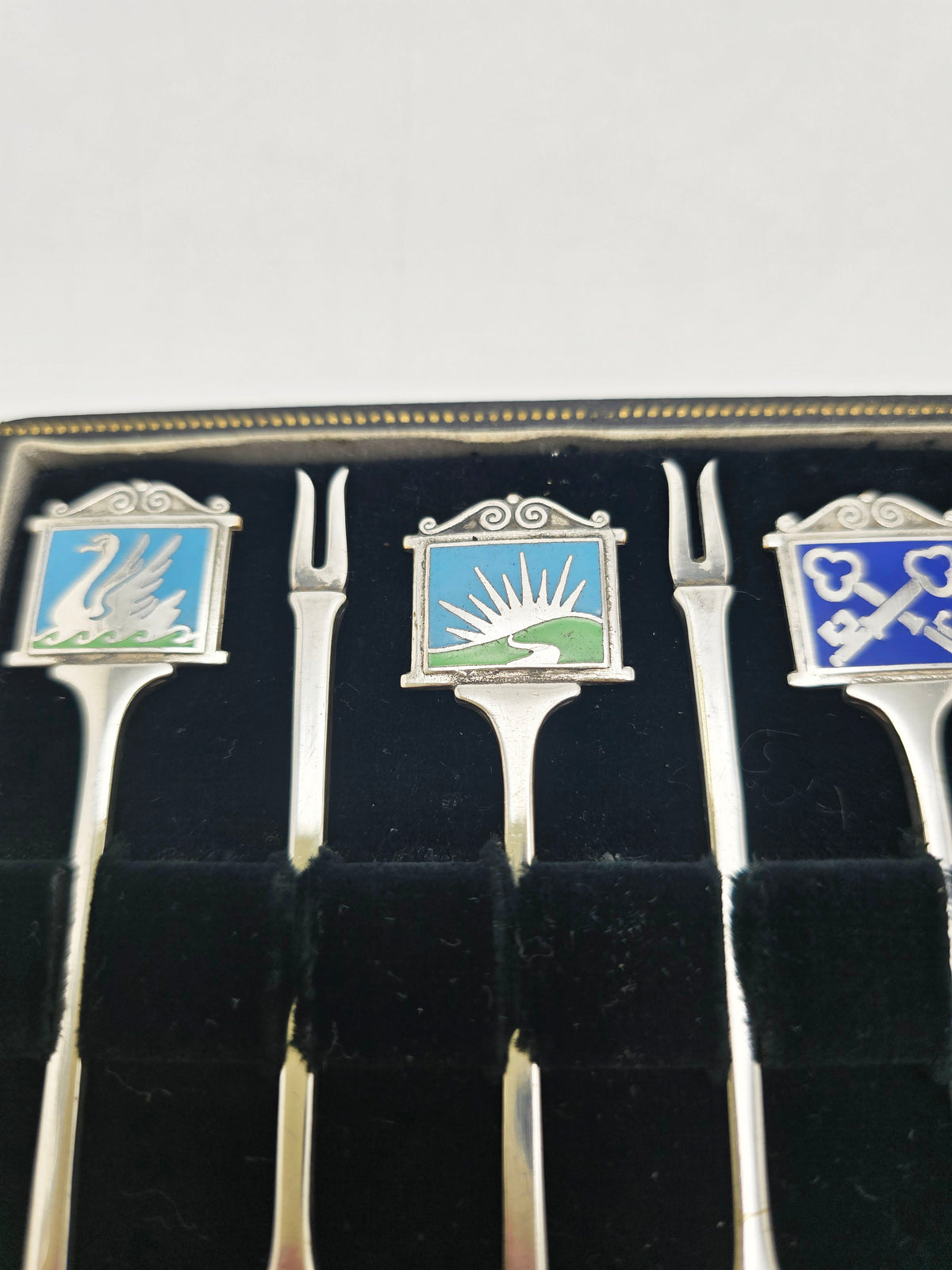 Antique Silver Plated Enamel Pub Sign Cocktail Stick Set circa 1925