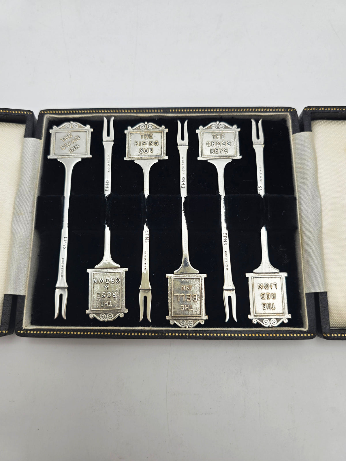 Antique Silver Plated Enamel Pub Sign Cocktail Stick Set circa 1925