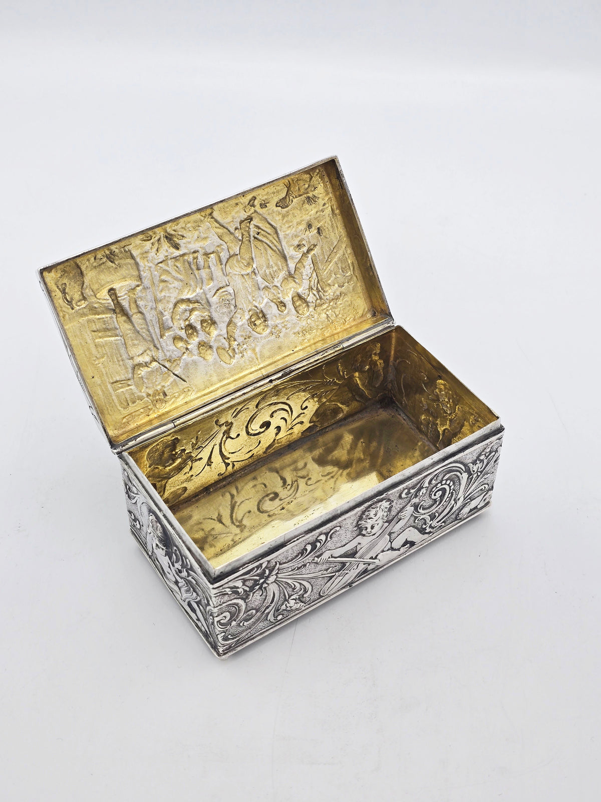 Antique Sterling Silver Repoussé Figural Trinket Box Sheffield 1899