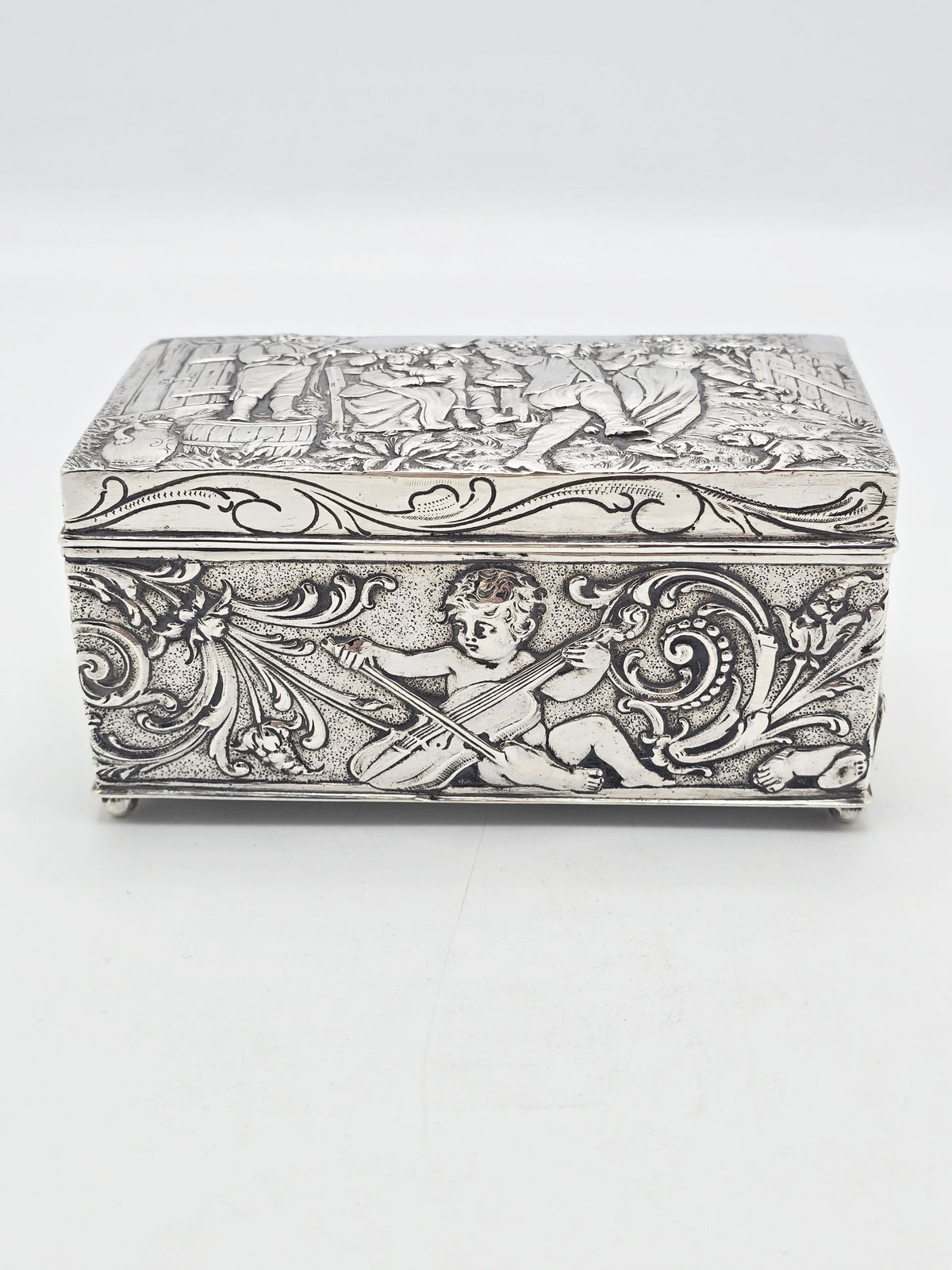 Antique Sterling Silver Repoussé Figural Trinket Box Sheffield 1899