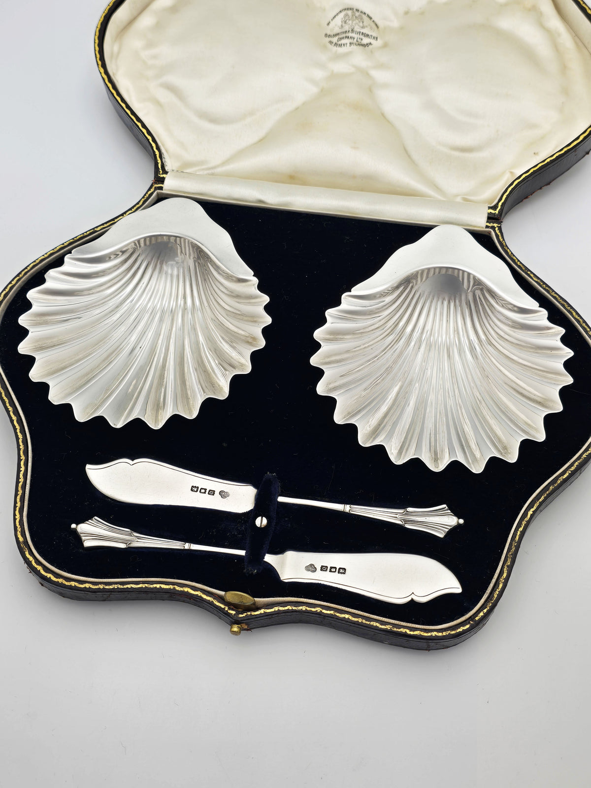 Antique Sterling Silver Shell Butter Dishes and Spreaders Boxed Set 1918