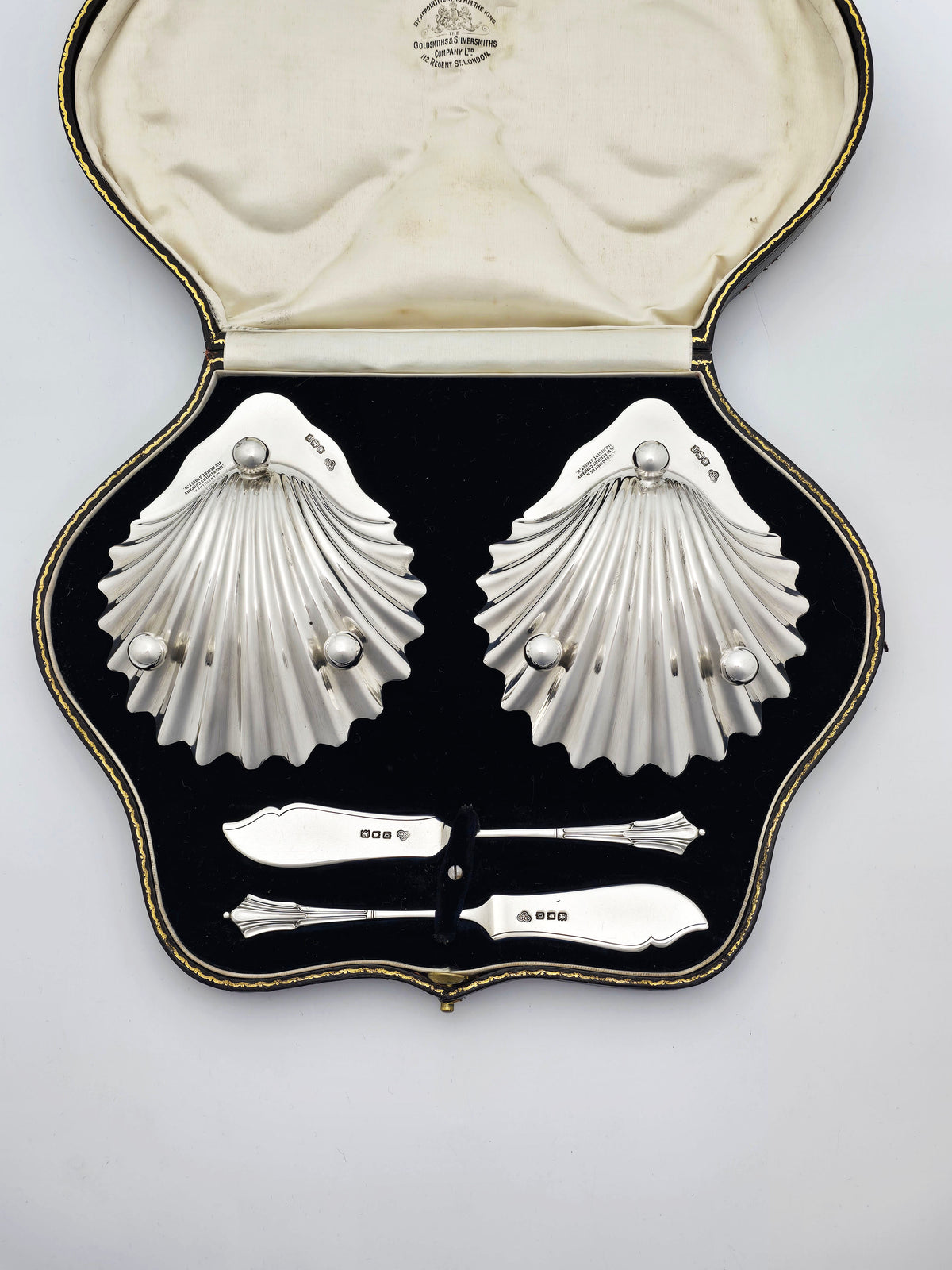 Antique Sterling Silver Shell Butter Dishes and Spreaders Boxed Set 1918