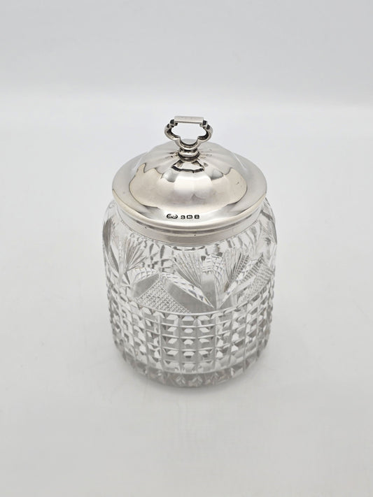 Antique Sterling Silver Lidded Cut Glass Jam Jar Birmingham 1924