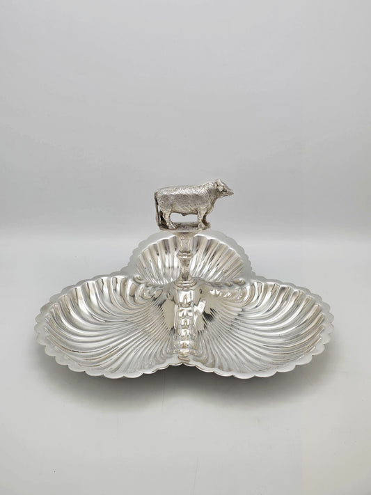 Antique Victorian Silver Plated Tri-Serving Dish with Bull Handle circa 1890