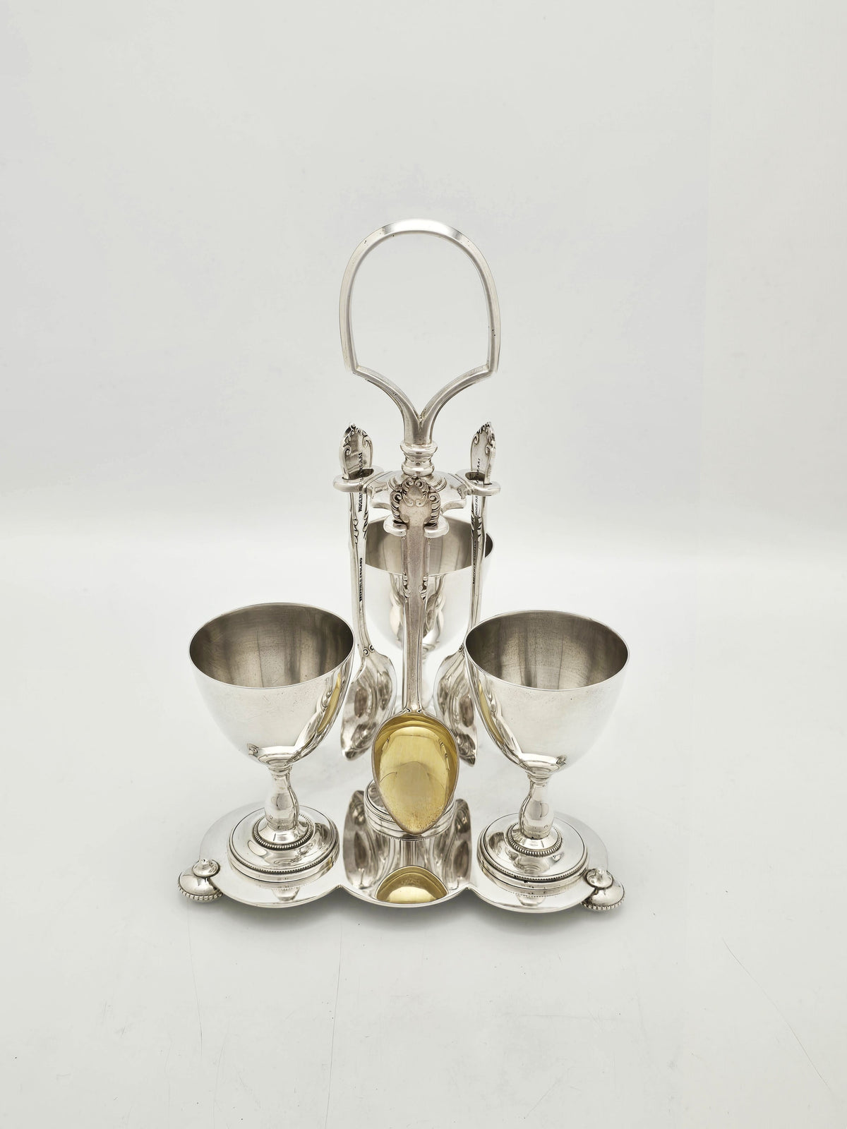 Antique Silver Plated Three Cup Egg Cruet Set with Spoons circa 1920