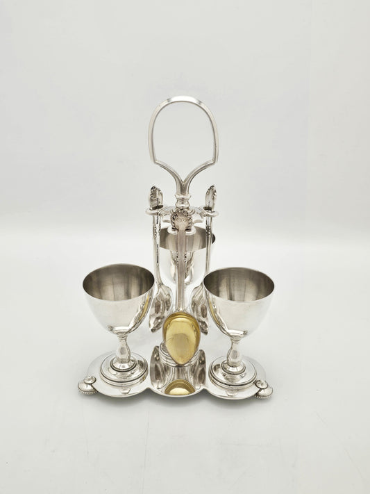 Antique Silver Plated Three Cup Egg Cruet Set with Spoons circa 1920