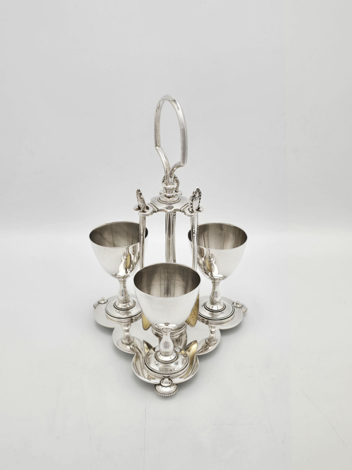 Antique Silver Plated Three Cup Egg Cruet Set with Spoons circa 1920