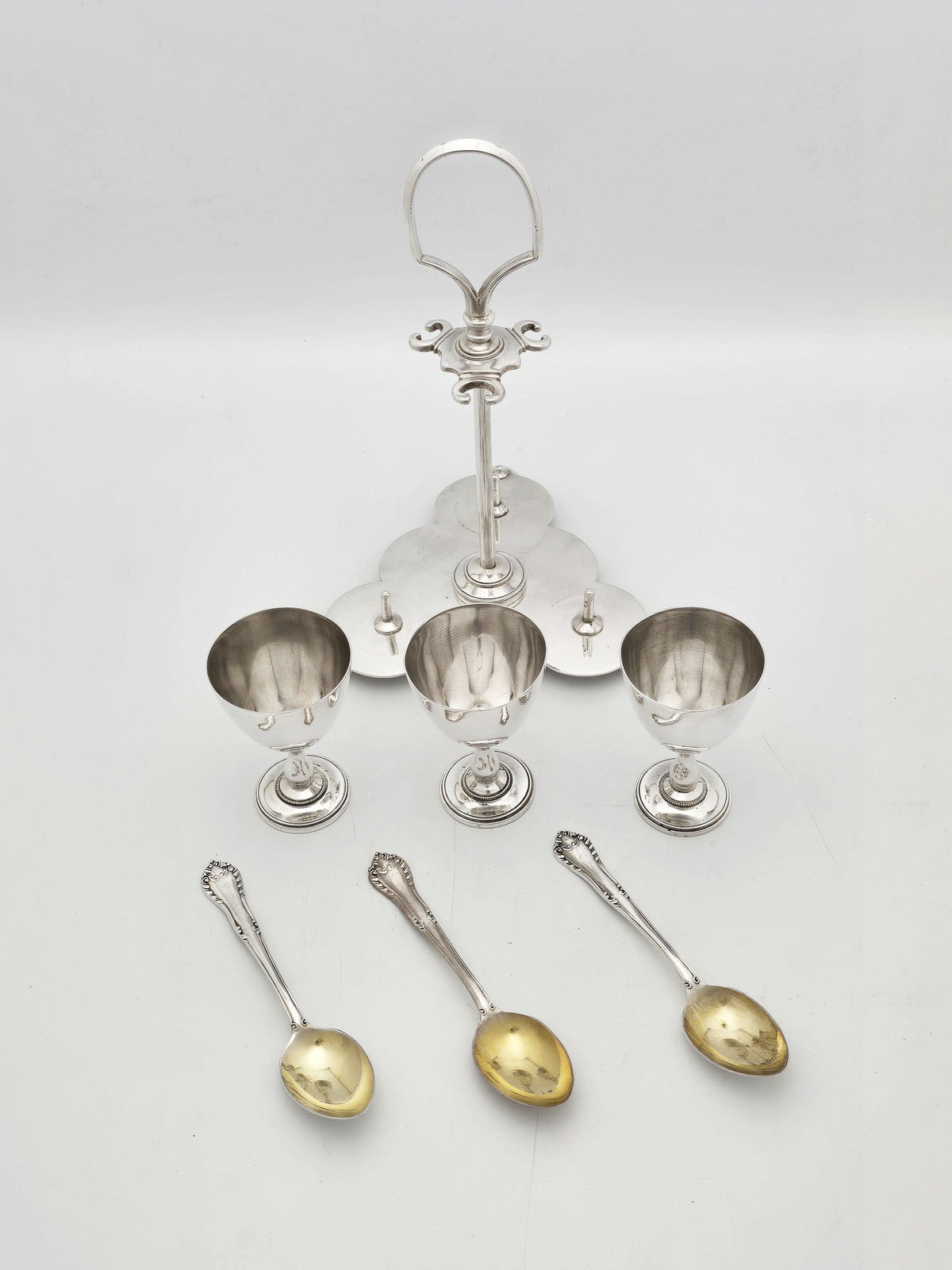 Antique Silver Plated Three Cup Egg Cruet Set with Spoons circa 1920