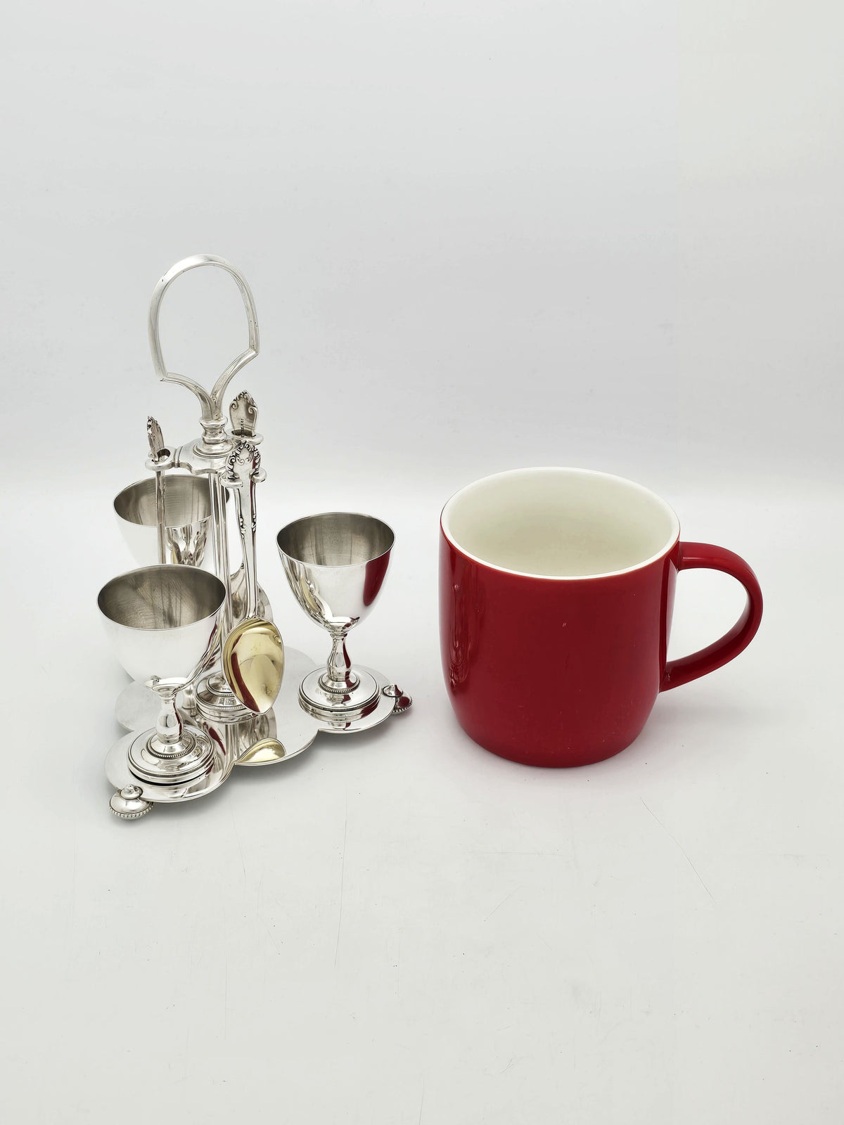 Antique Silver Plated Three Cup Egg Cruet Set with Spoons circa 1920