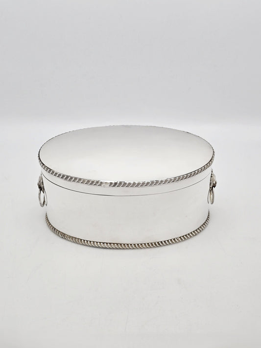Antique Silver Plated Oval Biscuit Box with Lion Mask Handles circa 1920
