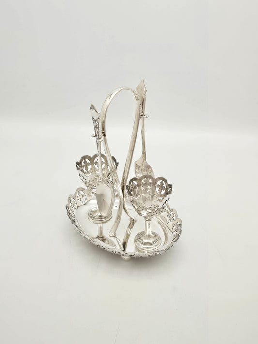 Antique Silver Plated Egg Cruet Set with Two Egg Cups and Spoons circa 1920