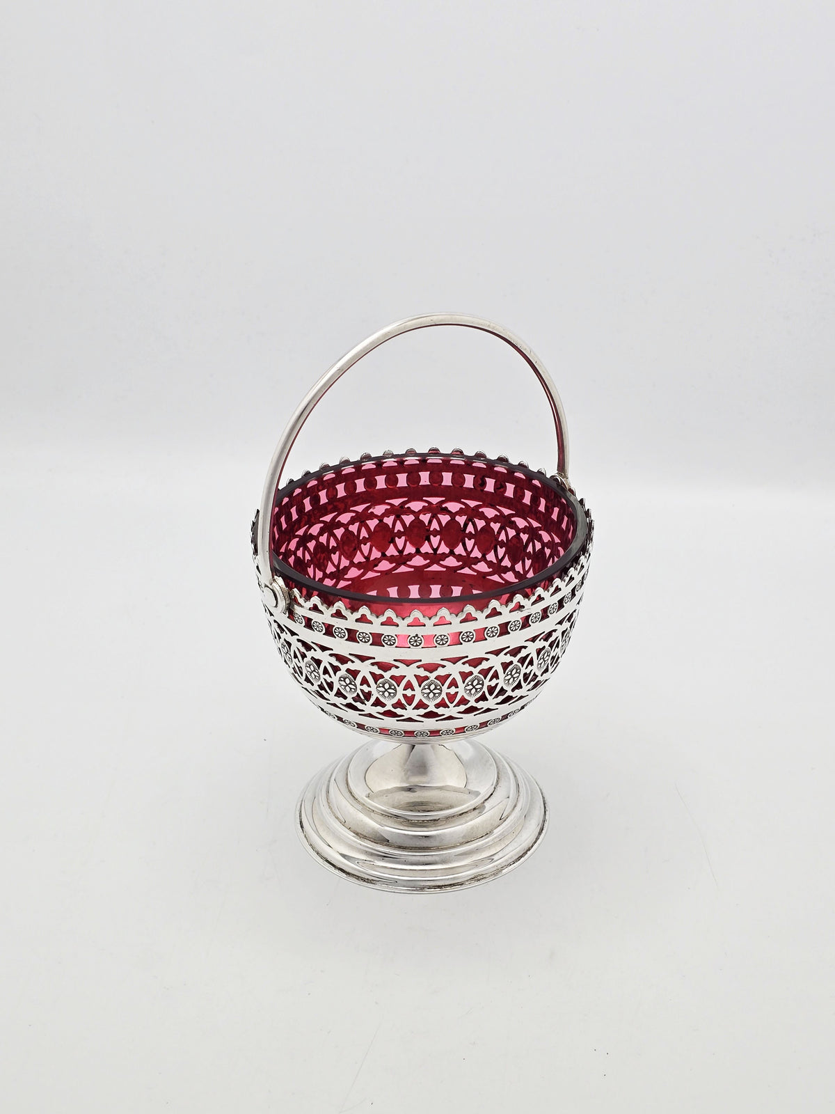 Antique Victorian Silver Plated Cranberry Glass Basket circa 1890