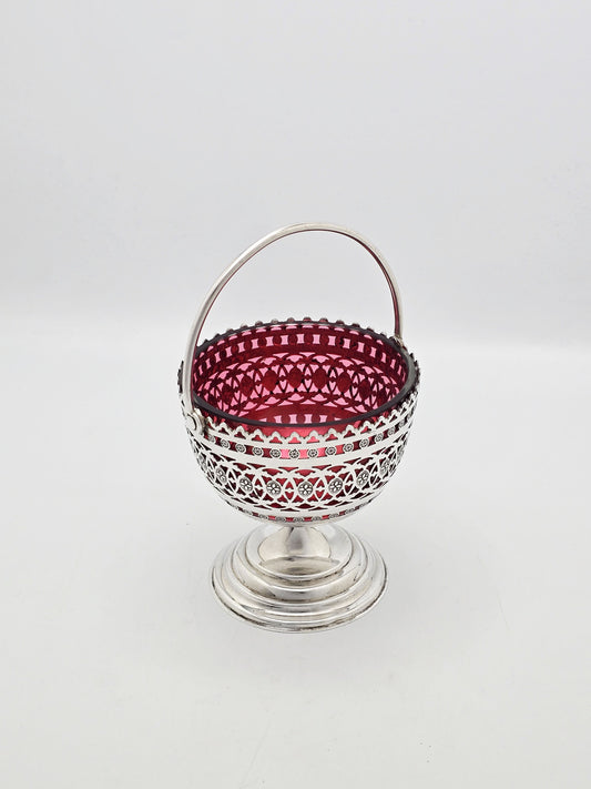 Antique Victorian Silver Plated Cranberry Glass Basket circa 1890