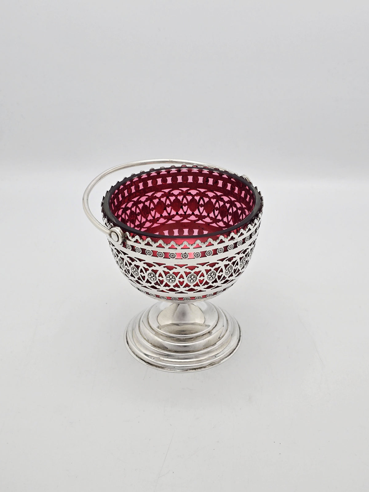 Antique Victorian Silver Plated Cranberry Glass Basket circa 1890