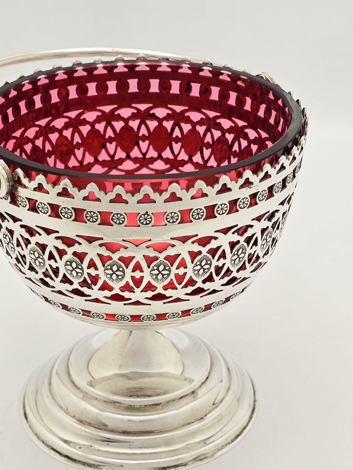 Antique Victorian Silver Plated Cranberry Glass Basket circa 1890