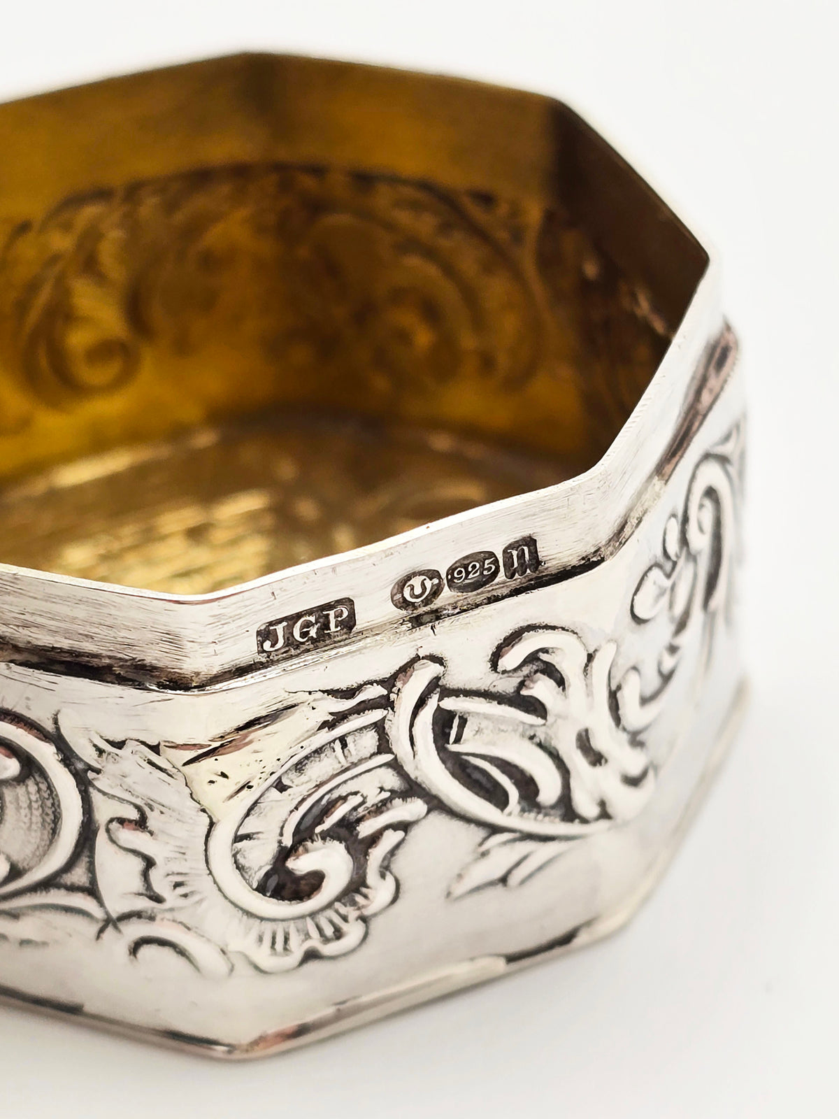 Antique Edwardian Sterling Silver and Gilt Octagonal Box London 1908