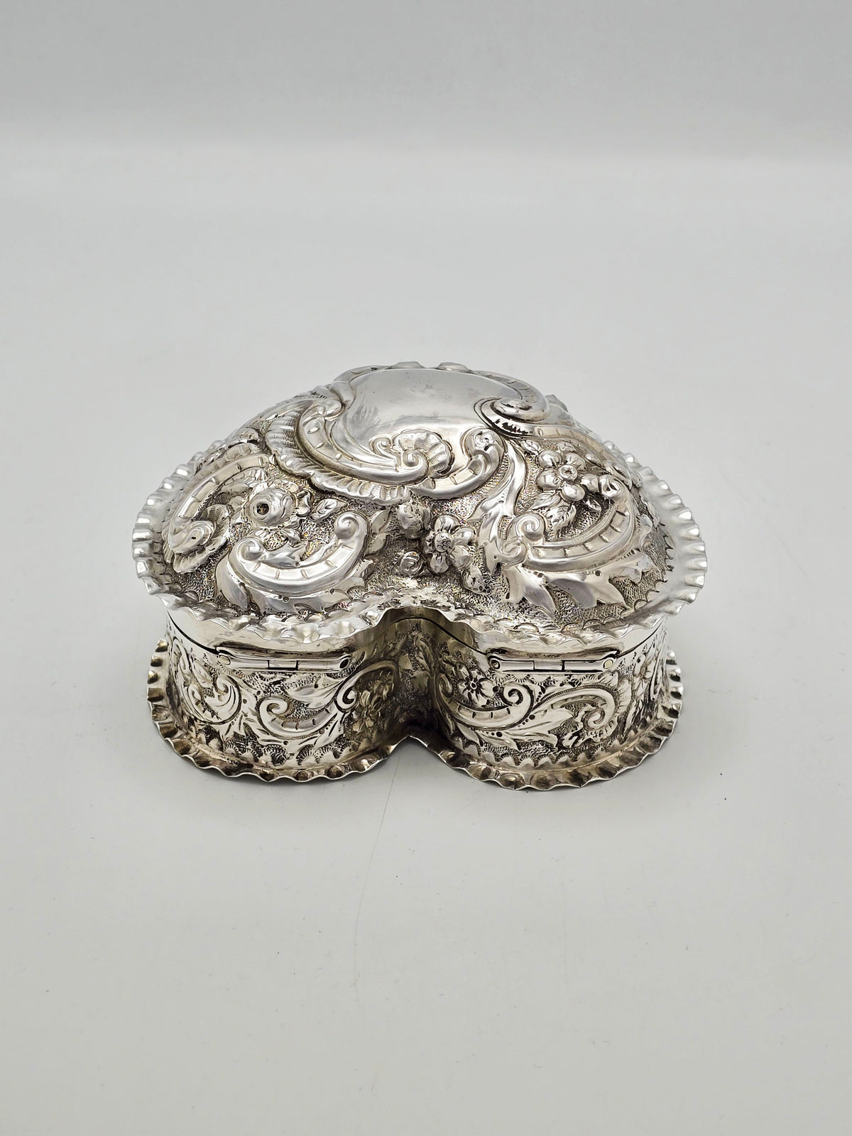 Antique Victorian Sterling Silver Heart Shaped Jewellery Box Birmingham 1893