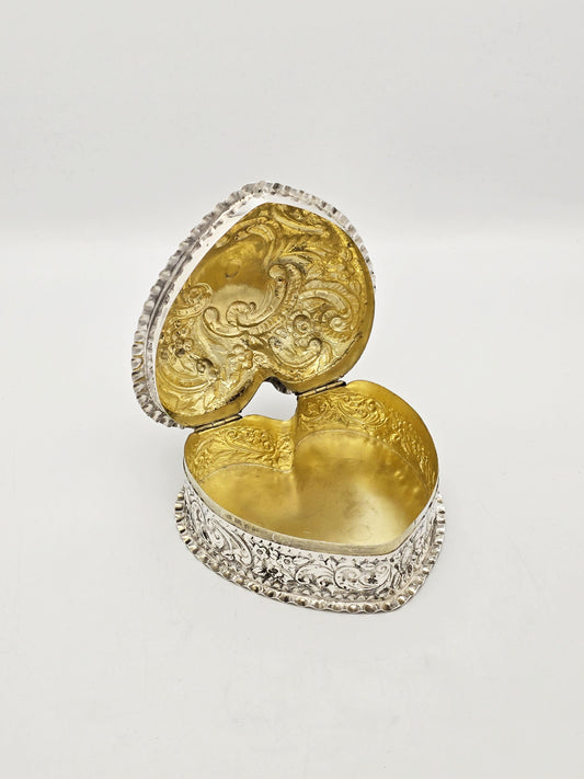 Antique Victorian Sterling Silver Heart Shaped Jewellery Box Birmingham 1893