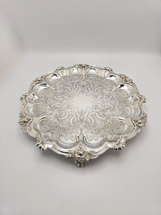 Antique Victorian Silver Plated Engraved Salver Tray circa 1880