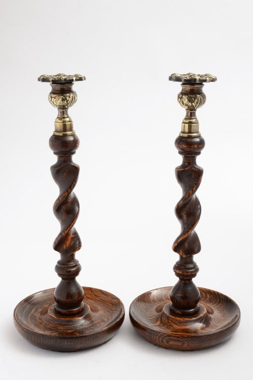 Pair of Barley Twist Oak & Brass Candlestick Holders