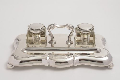 Silver Plated Double Ink Stand with Pen Holder