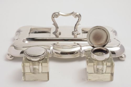 Silver Plated Double Ink Stand with Pen Holder