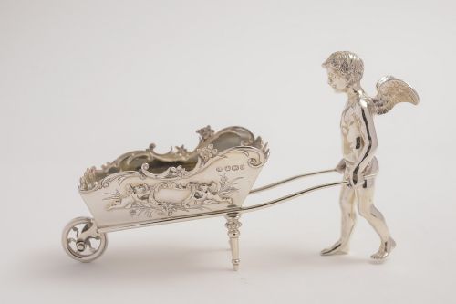 English Victorian Sterling Silver Cherub with Wheelbarrow