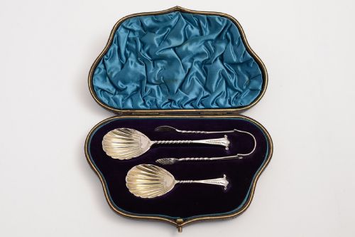 Cased Silver Caddy Spoon Jam spoon and Tongs in original box.