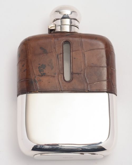 Silver plated and crocodile hip flask
