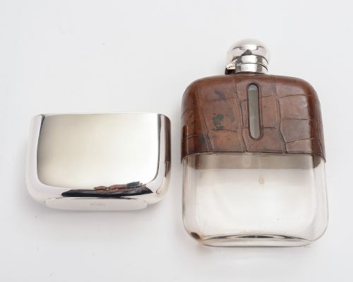 Silver plated and crocodile hip flask