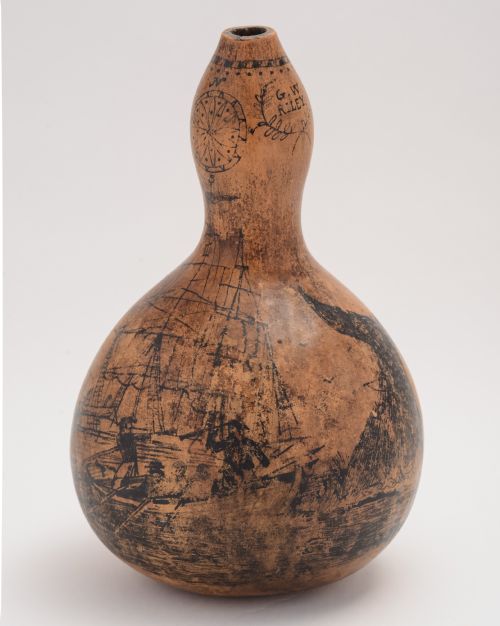 Gourd with pen and ink whaling scene. Circa 1872