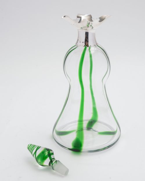 Unusual Arts & Crafts style glass and silver neck decanter