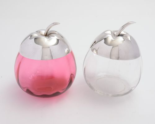 Two lovely Edwardian apple shaped glass & silver plated pots.
