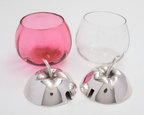 Two lovely Edwardian apple shaped glass & silver plated pots.
