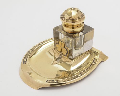 Edwardian Brass & Glass Horseshoe Inkwell