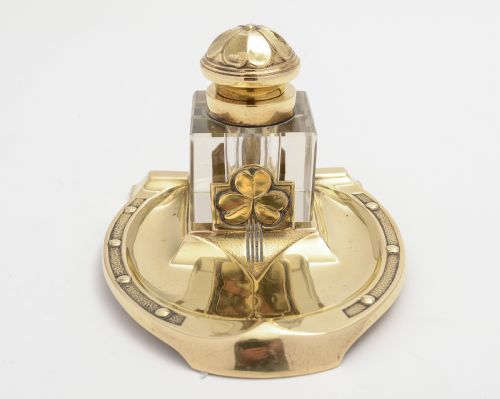 Edwardian Brass & Glass Horseshoe Inkwell