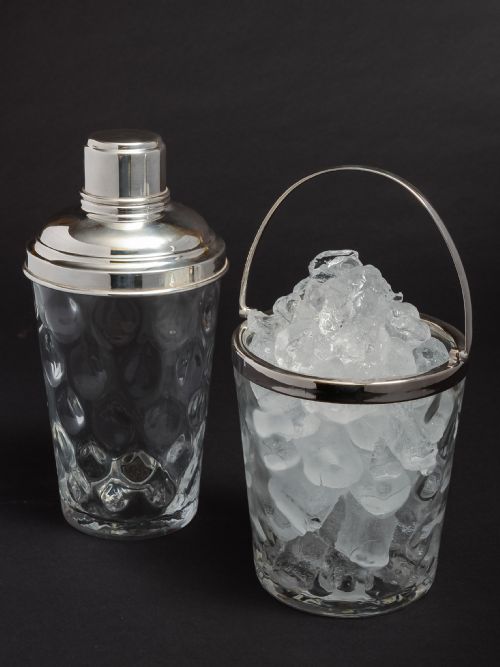 1930's dimpled Glass & plate cocktail shaker & matching ice bucket.