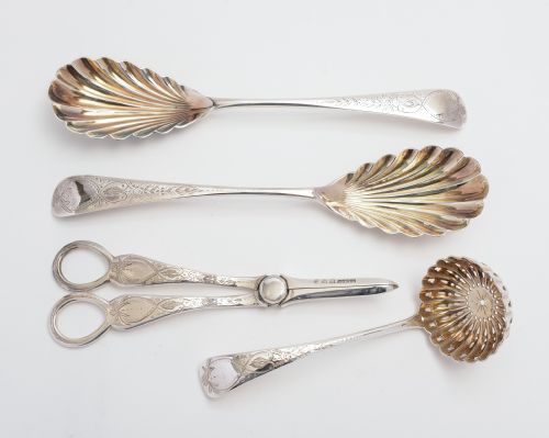 Scottish A1 silver plated spoons & grape scissors.