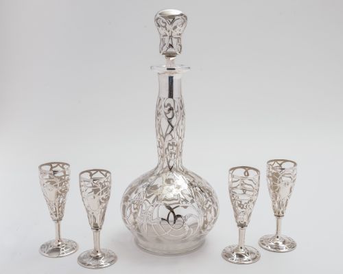 Silver Overlaid Decanter & Matching Glasses.