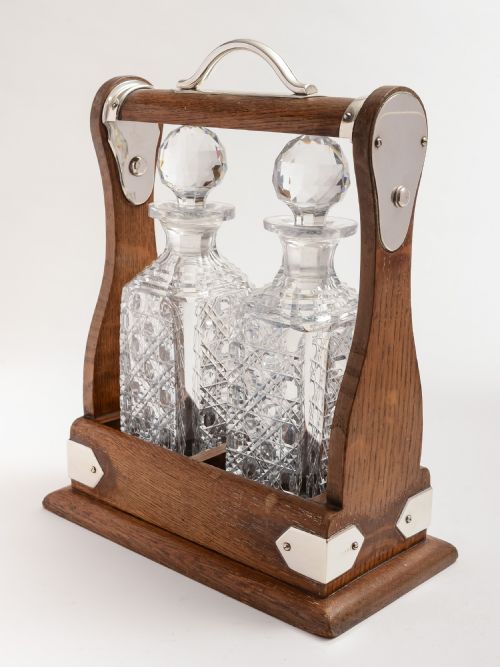 Victorian oak & silver plate Tantalus