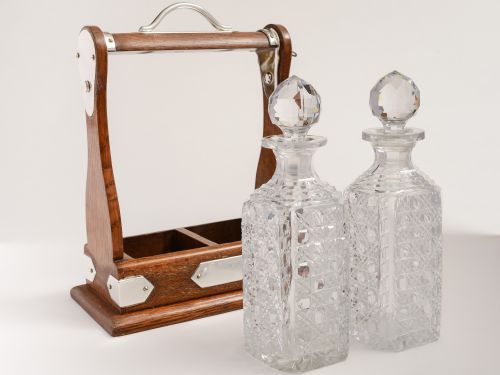 Victorian oak & silver plate Tantalus