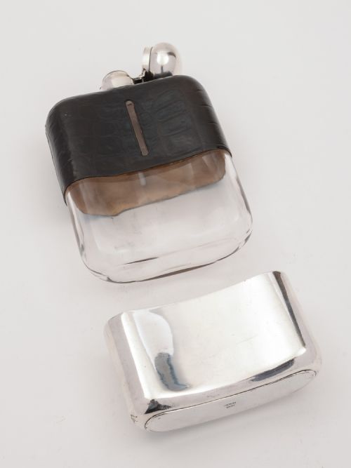 A large Edwardian crocodile leather hip flask