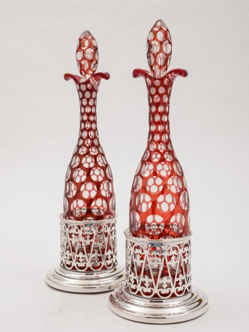 A Pair of Bohemian Decanters with Ruby Overlay on Clear Glass Circa 1880