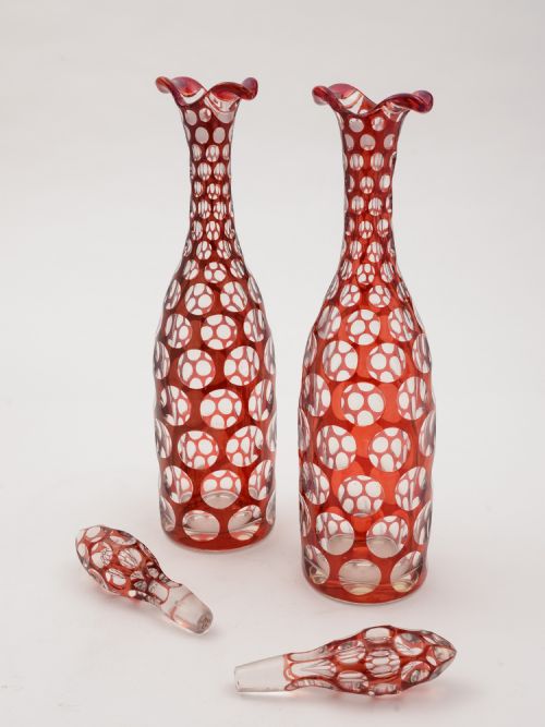 A Pair of Bohemian Decanters with Ruby Overlay on Clear Glass Circa 1880
