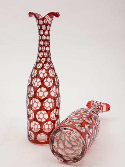 A Pair of Bohemian Decanters with Ruby Overlay on Clear Glass Circa 1880