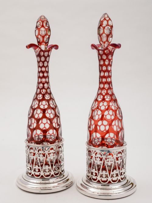 A Pair of Bohemian Decanters with Ruby Overlay on Clear Glass Circa 1880