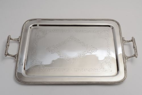 Edwardian Large Oblong Silver Plated Hand-Engraved Tray with Handles Circa 1900