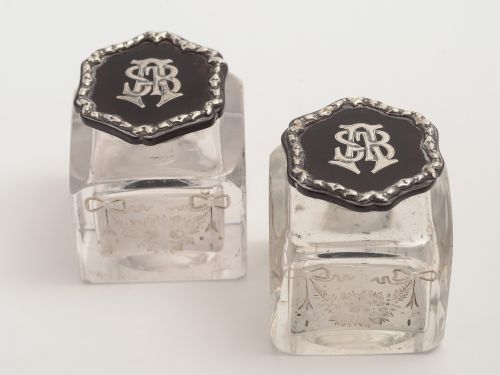 Pair of Edwardian tortoise shell and silver topped cut glass ink pots Hallmarked London 1906