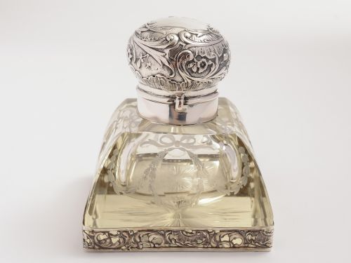 Continental Silver and Etched Glass Ink Pot Circa 1900